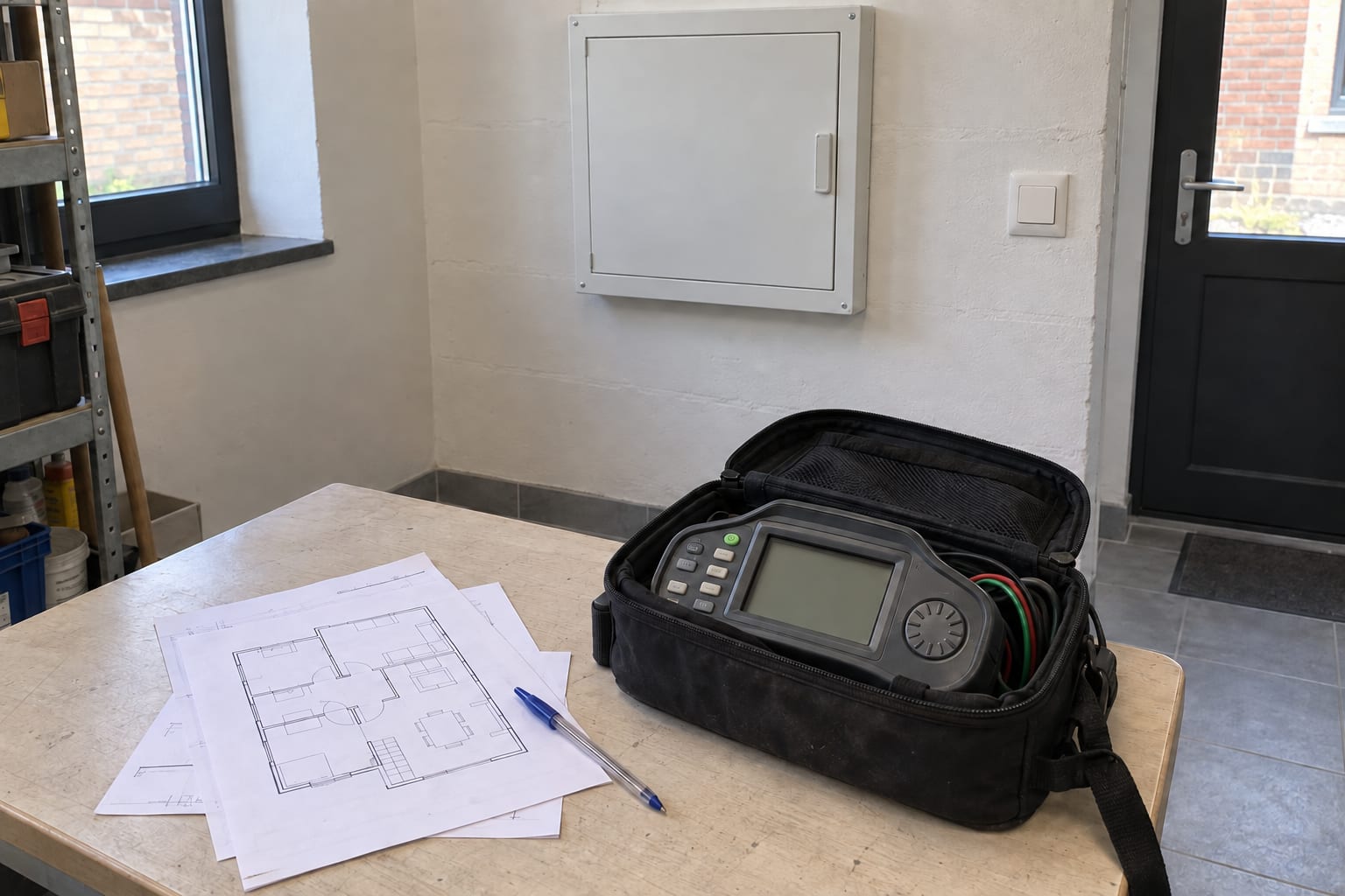Plans et appareil de mesure dans une pièce technique avec coffret électrique fermé.