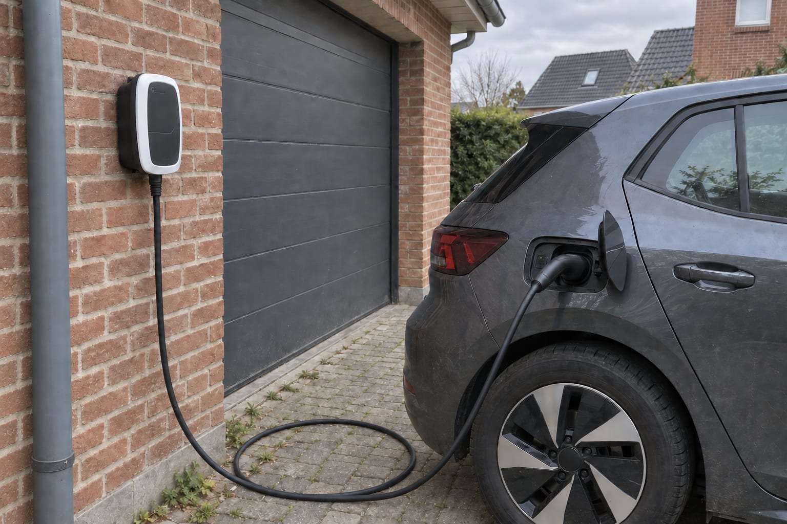 Borne murale reliée à une voiture électrique par un câble avec une réserve de longueur au sol, devant un garage en briques.